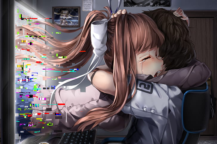 hugging, ponytail, anime, crying, open mouth, blushing, keyboards