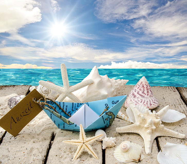 blue and white paper boat and white seashell lot, beach, the sun, HD wallpaper
