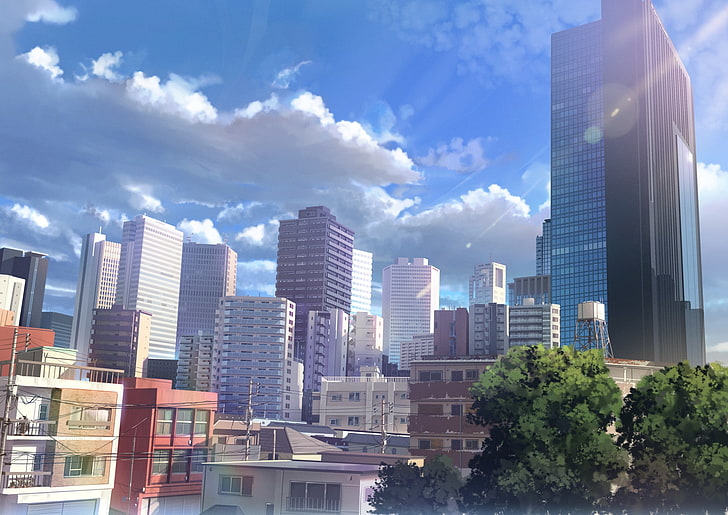 anime landscape, city, buildings, realistic, building exterior, HD wallpaper