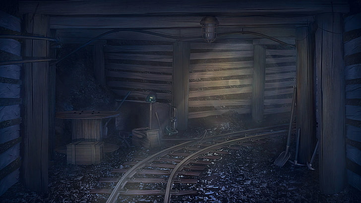 brown wooden train rail wallpaper, shovels, mine shaft, pickaxes
