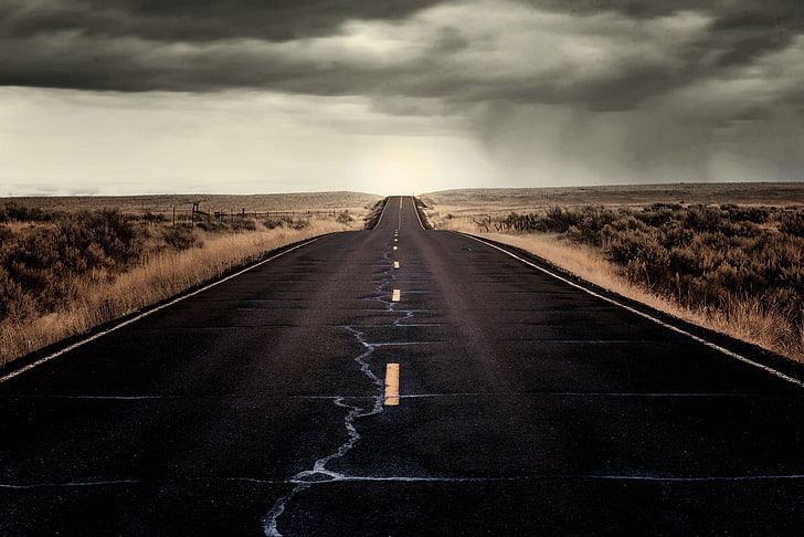 black asphalt road, sky, landscape, cloud - sky, direction, the way forward, HD wallpaper