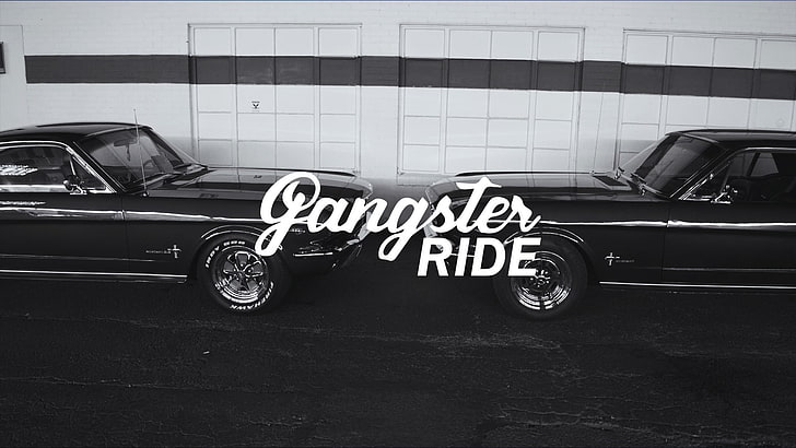 two black Ford Mustang Gangster Ride text overlay, car, tuning