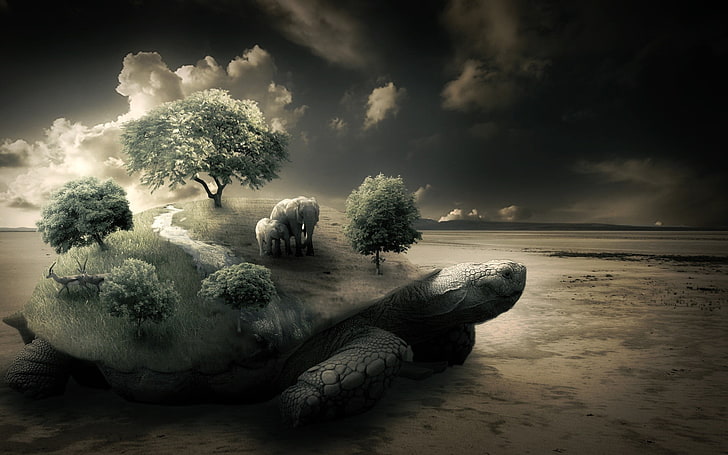 gray and black trees on turtle, elephant, nature, digital art