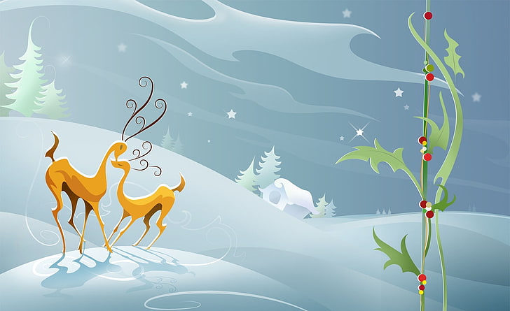 Mistletoe Kissing, reindeer illustration, Holidays, Christmas