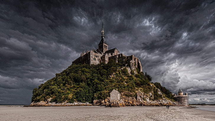 brown concrete castle on hill, nature, island, beach, Mont Saint-Michel, HD wallpaper