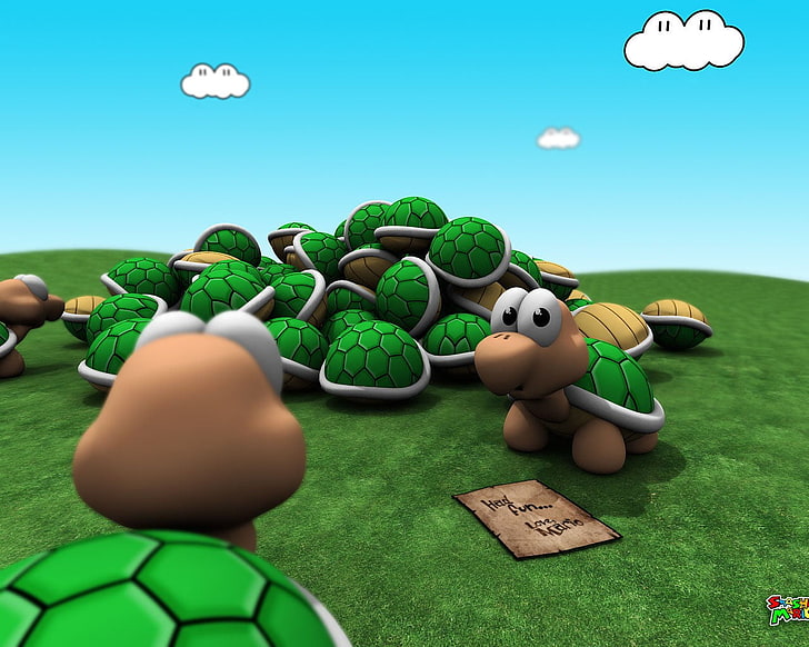 Super Mario, Mario Bros., turtle, grass, green color, representation