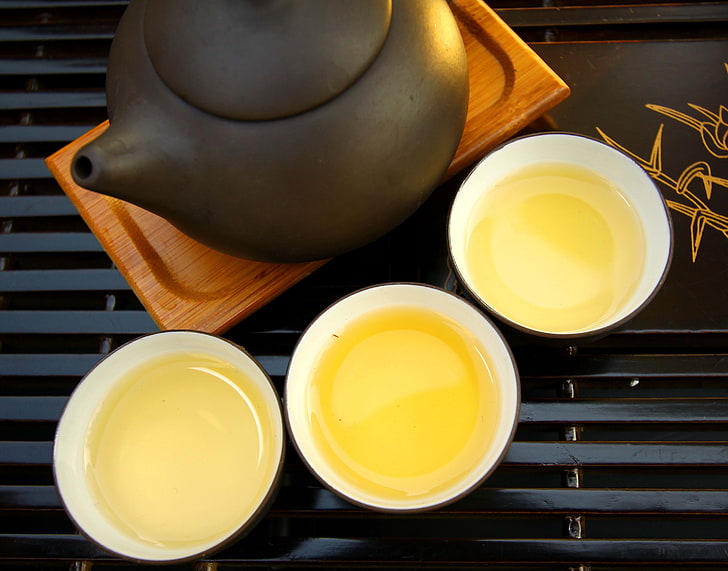 black ceramic teapot, cups, china, tea leaves, three, food, tea - Hot Drink