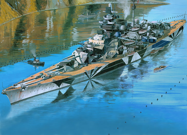 black and gray battleship, figure, art, Tirpitz, water, transportation