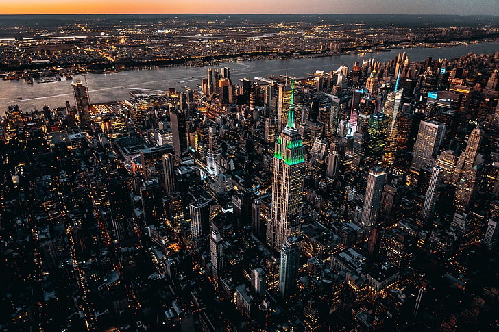 city building, cityscape, lights, evening, USA, New York City, HD wallpaper