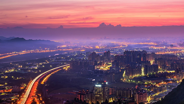 city buildings and mountains during sunset, cityscape, Taiwan