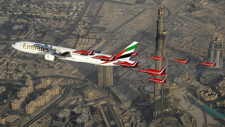 aircraft, Boeing, Burj Khalifa, Cityscape, Dubai, Jet Fighter, HD wallpaper