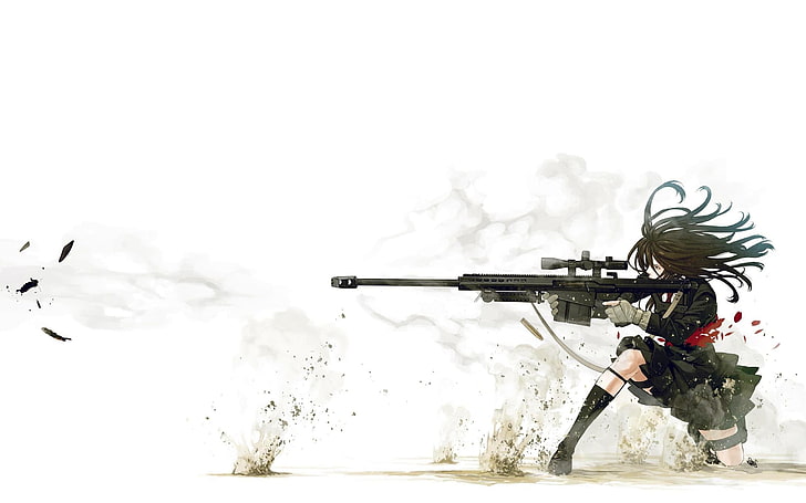 anime girls, sniper rifle, one person, copy space, weapon, men