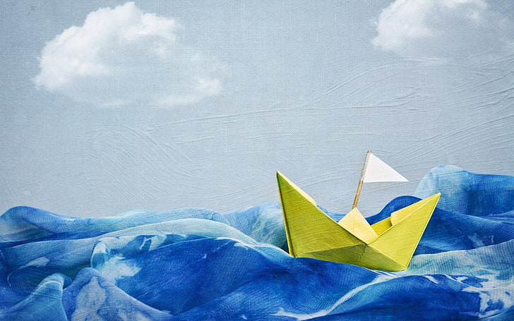 paper boats, painting, sea, waves, flag, artwork, nature, no people, HD wallpaper