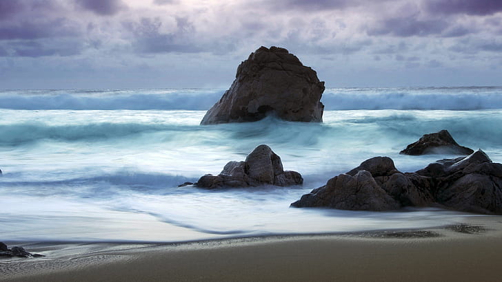 Beach Ocean Wave Rock Stone Blue HD, nature, HD wallpaper