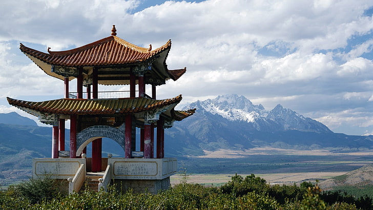 landscape, pavilion, China, yunnan (china), mountains, cloud - sky, HD wallpaper