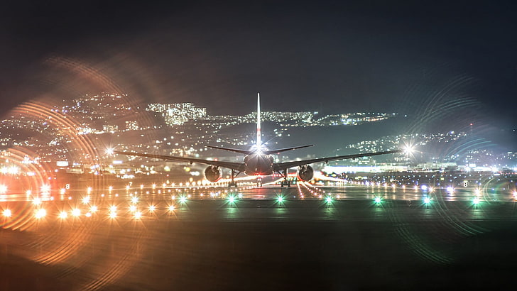 gray airplane, photography, lens flare, illuminated, night, motion, HD wallpaper