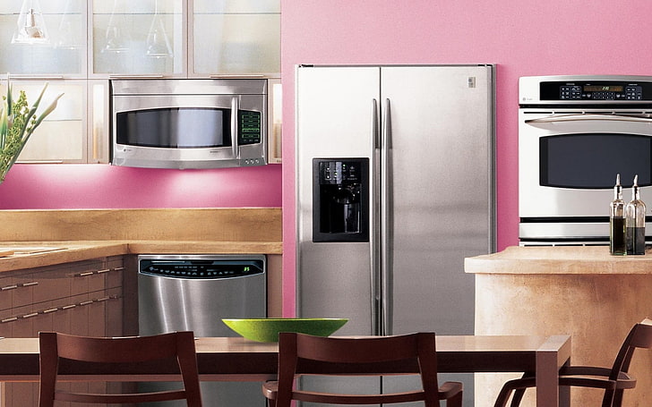 silver side-by-side refrigerator with dispenser, interior, style, HD wallpaper