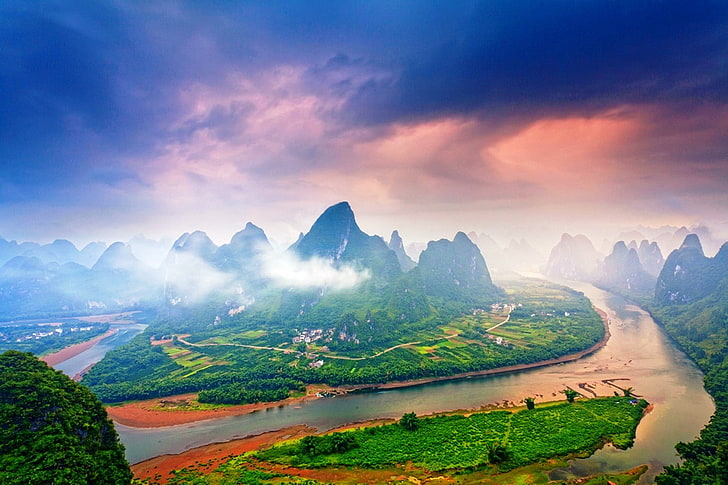 nature, landscape, mist, mountains, river, clouds, Guilin, China, HD wallpaper
