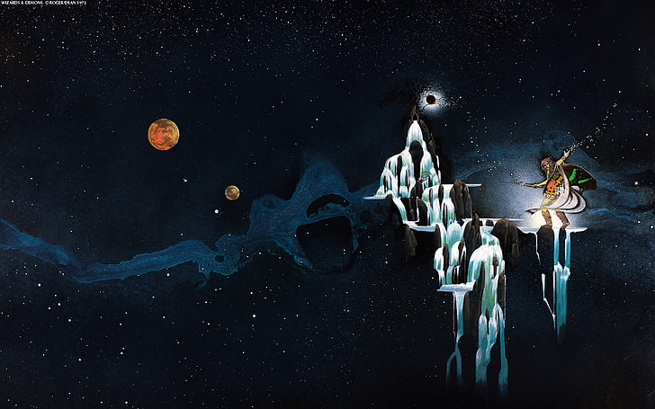 three planets illustration, space, mythology, Uriah Heep, music