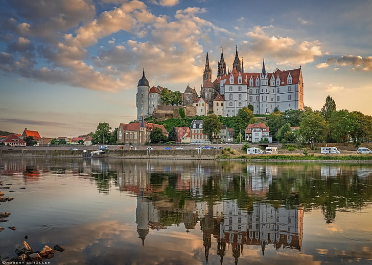 reflection, river, castle, building, home, Germany, promenade, HD wallpaper