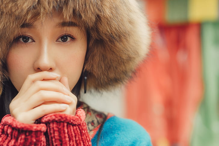 Asian, finger on lips, woolly hat, portrait, women, model, face