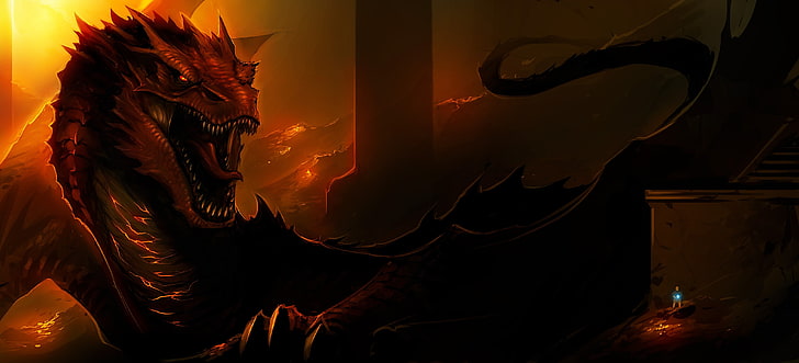 red dragon illustration, fire, art, lord of the rings, The Hobbit, HD wallpaper