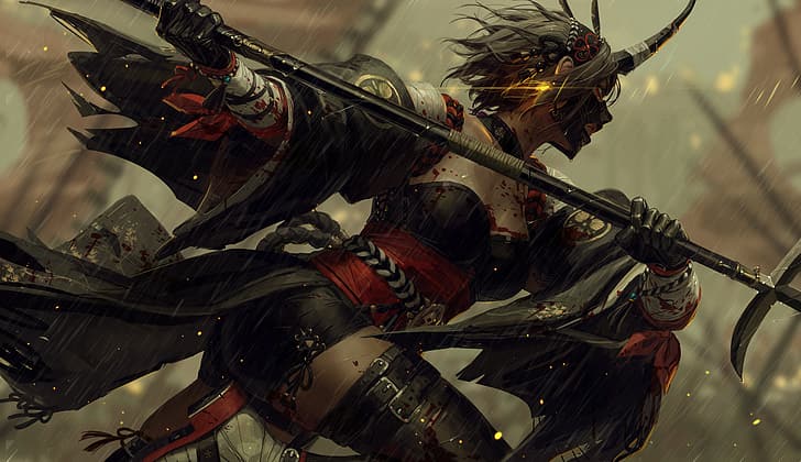 samurai, blood, detached sleeves, warrior, fantasy girl, artwork, HD wallpaper