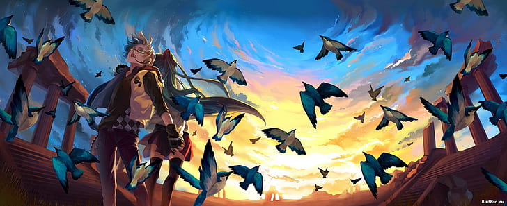 fantasy art, anime girls, birds, HD wallpaper