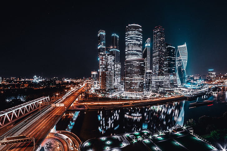 city lights, Moscow, night, cityscape, skyline, skyscraper, HD wallpaper