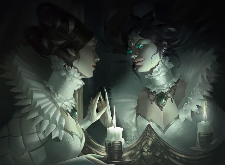 Marie Magny, demon girls, white clothing, candles, white dress