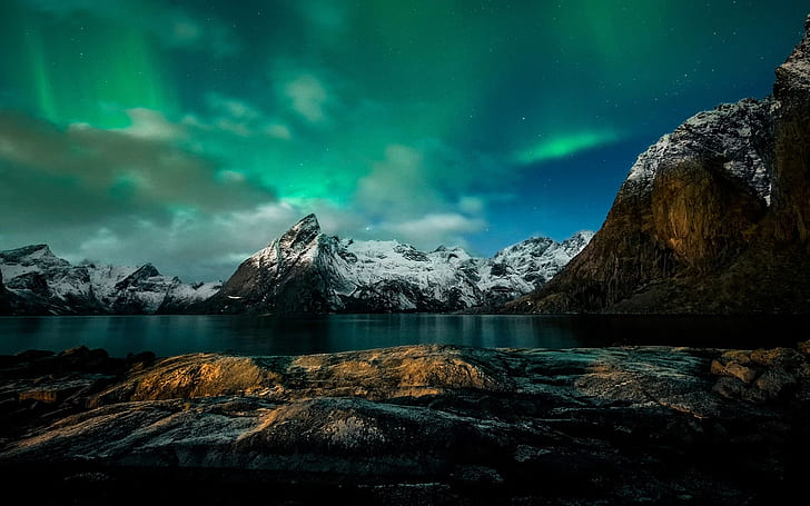 Norway, night, mountains, Northern lights, coast, HD wallpaper