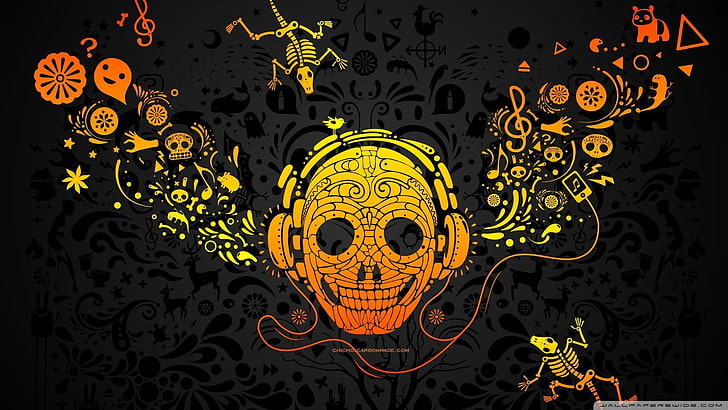 orange and yellow skull illustration, abstract, pattern, no people