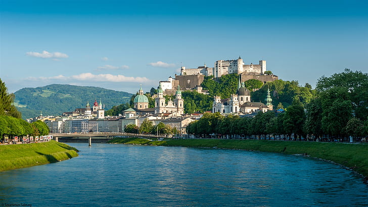 Salzburg, Austria, river, bridge, houses, mountains