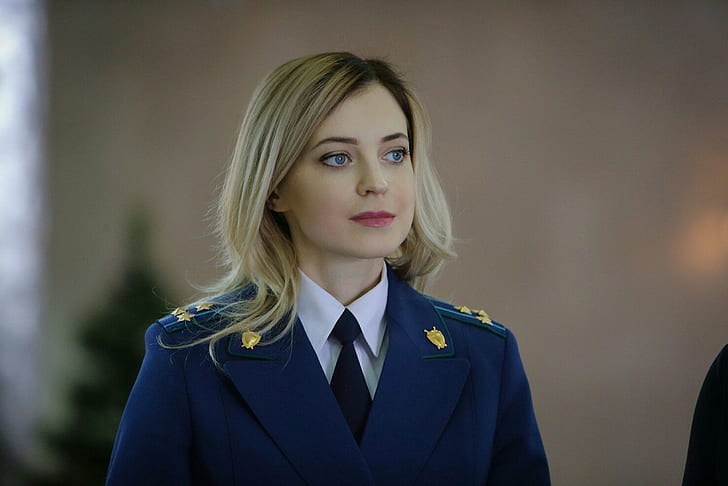 Natalia Poklonskaya, women, long hair, blue eyes, tie, depth of field, HD wallpaper