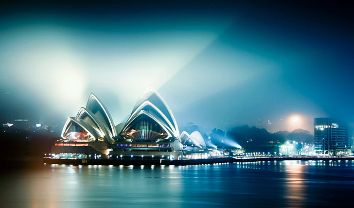 Sydney Opera House at night, Sydney  Harbour, Fog, City, Sydney Harbour