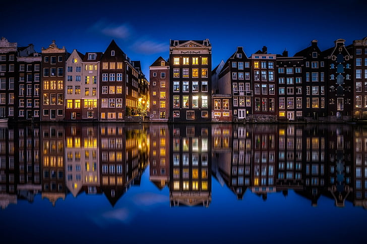 Cities, Amsterdam, Canal, City, House, Netherlands, Night, Reflection