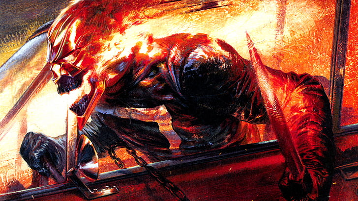 Marvel Comics, Robbie Reyes, Ghost Rider, skull, burning, sword