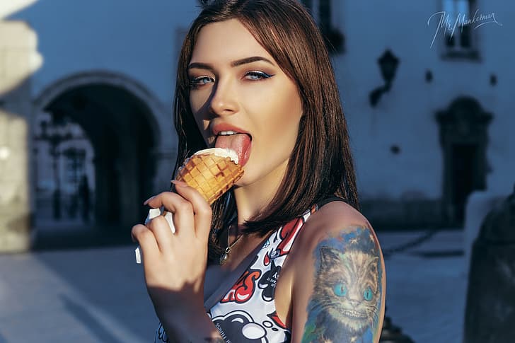 licking, women, tongue out, ice cream, food, sweets, women outdoors