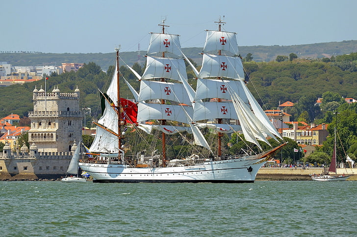 white galleon ship, river, sailboat, yachts, Portugal, Lisbon