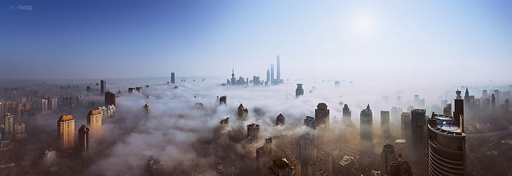 Sun, sky, skyscraper, mist, ultra-wide, cityscape, heights, HD wallpaper