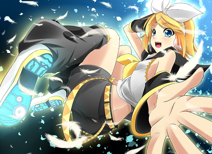 women's black and white floral traditional dress, Vocaloid, Kagamine Rin, HD wallpaper
