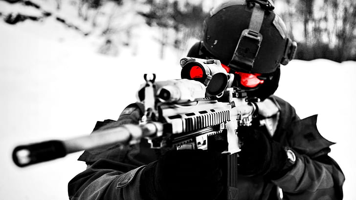selective coloring, HK 416, soldier, weapon, military, HD wallpaper