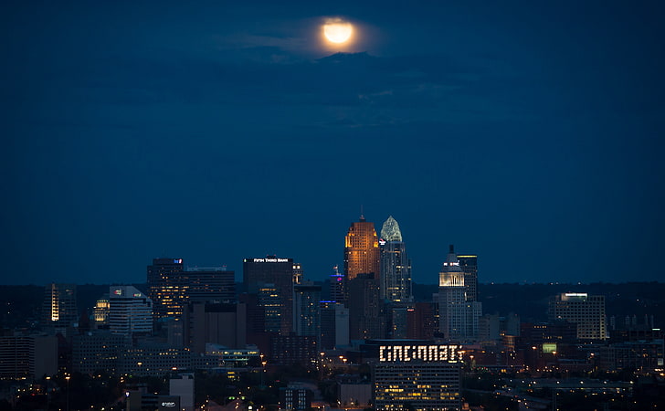 Cincinnati At Night, United States, Ohio, Moon, Blue, Nasa, hamilton, HD wallpaper
