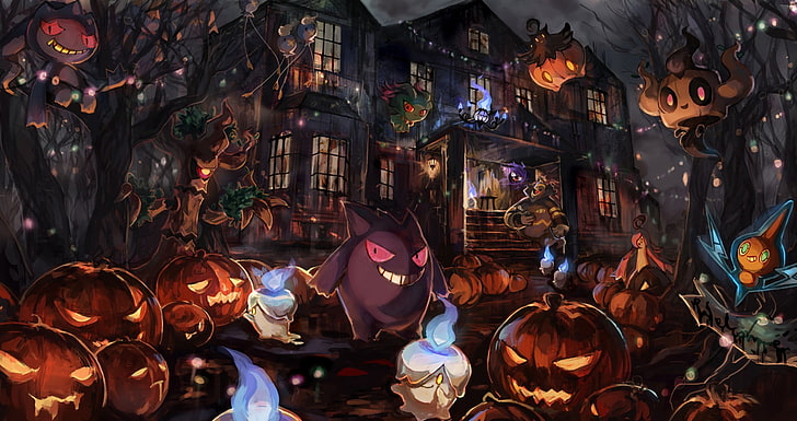 Jack-'o-lanterns wallpaper, Pokémon, Halloween, Gengar, Drifloon, HD wallpaper