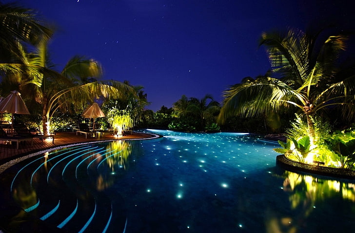 ocean night lights palm trees swimming pools Nature Oceans HD Art, HD wallpaper