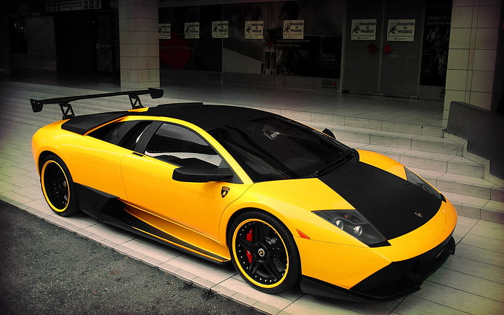 yellow and black supercar, sports car, mode of transportation