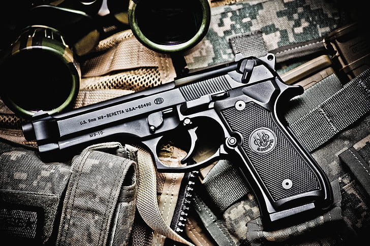 M9, caliber, Gun, pistol, camouflage, aeYaeYBeretta, binoculars, HD wallpaper