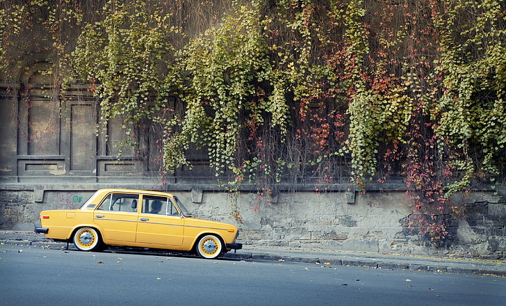 yellow sedan, road, background, Wallpaper, Lada, vaz, 2106, Schoch HD wallpaper