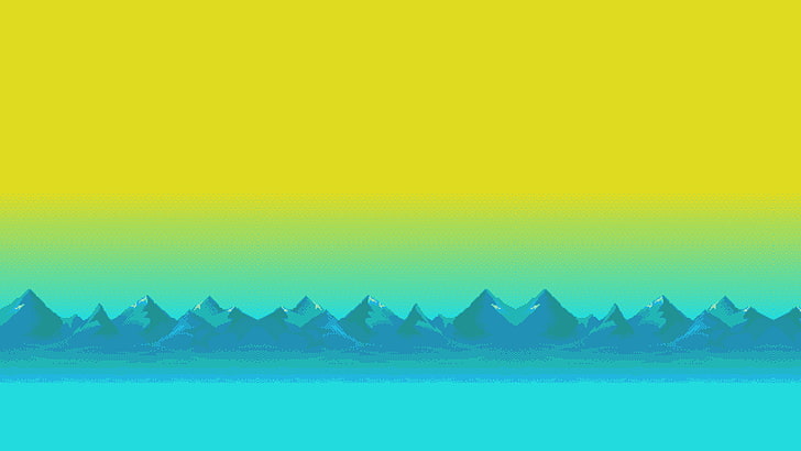 field of mountains illustration, pixel art, water, copy space