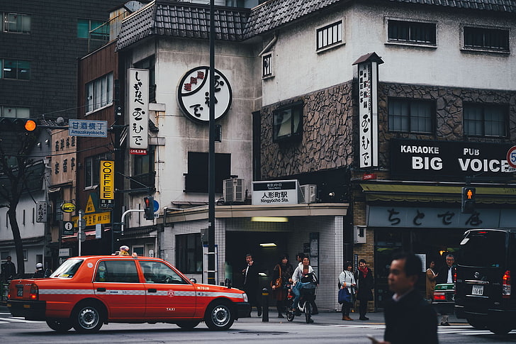 Takashi Yasui, cityscape, Japan, street, Asia, taxi, Asian architecture, HD wallpaper